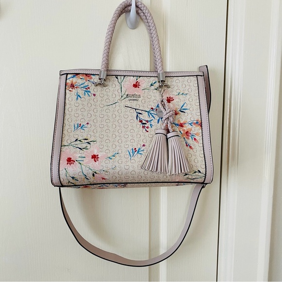 Guess Handbags - Guess Floral Print Monogram Tassel Braided Handle Crossbody Satchel Bag